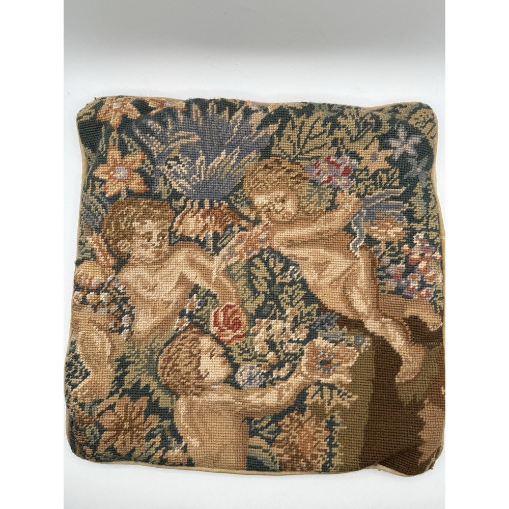 Vintage Needlepoint Pillow Floral Cherub Angel Wool and Velvet Zipper 15.5X 15.5